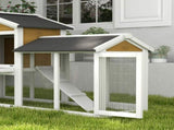 Wooden Rabbit Hutch Outdoor, Double Tier with Water-Resistant Roof, Ramp 147 x 54 x 84 cm, Yellow T3398P350033
