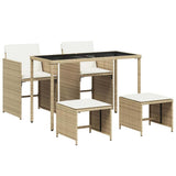 5 Piece Garden Dining Set with Cushions Beige Poly Rattan 365083