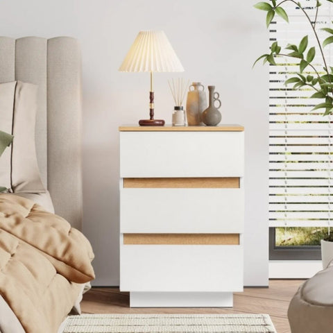 ZNTS embossed white + embossed oak E1 particle board 12MM handle-free 38*32*56cm 3 drawers bedside table 02346243