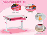 Kids Desk and Chair Set, Student Adjustable Writing Desk, with Drawer, Pen Slot, Hook - Pink T3398P379039