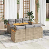 7 Piece Garden Sofa Set with Cushions Beige Poly Rattan Acacia 3327447
