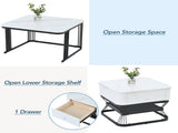 Nesting Coffee Table Set of 2, Marble Effect Square Side Tables with Drawer & Storage Shelf, Black N605P460817W