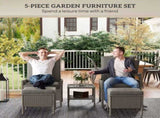 5 Piece Rattan Garden Furniture Set, Wicker Patio Sofa Set with 2 Armchairs, 2 Footstools, Glass Top T3398P328514