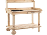 Garden Potting Bench Table, Wooden Work Station, Outdoor Planting Workbench with 2 Wheels, Sink, T3398P315858