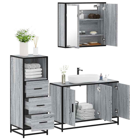 ZNTS 3 Piece Bathroom Furniture Set Grey Sonoma Engineered Wood 3301013