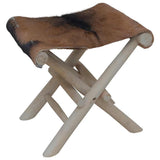 Folding Stool Goatskin Leather and Solid Teak Wood 288815