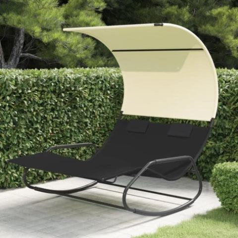 ZNTS Rocking Double Sun Lounger with Canopy Black and Cream 317587