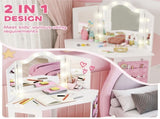 Kids Dressing Table and Stool Set, Girls Vanity Table with 2-Colour LED Lights, Tri-Folding Mirror, T3398P422151