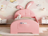 3ft Single Rabbit-Shaped Upholstered Bed Frame, Bunny Ear Headboard & Footboard Storage Pocket, Soft N652P412013P