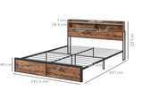 Industrial Double Bed Frame, 4.6FT Steel Bed Base with Storage Headboard, Footboard, Slatted Support T3398P423093