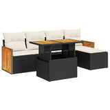 6 Piece Garden Sofa Set with Cushions Black Poly Rattan Acacia 3327696