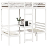 ZNTS Loft Bed Frame with Desk and Chairs White 90x190cm Solid Wood Pine 3308560