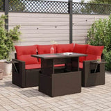 5 Piece Garden Sofa Set with Cushions Brown Poly Rattan Acacia 3326475