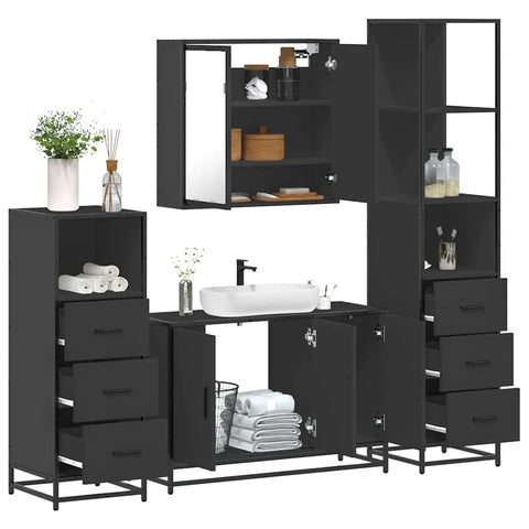 ZNTS 4 Piece Bathroom Furniture Set Black Engineered Wood 3301250