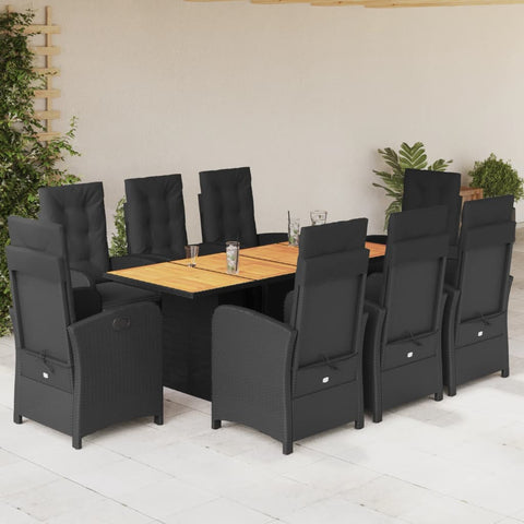 9 Piece Garden Dining Set with Cushions Black Poly Rattan 3212505