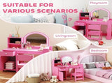 Kids Vanity Table and Chair Set, Girls Dressing Table with 2-Colour LED Mirror, Stool, Cabinet, T3398P422153