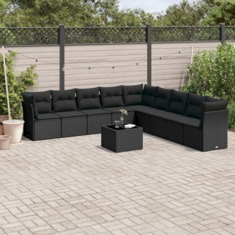 ZNTS 10 Piece Garden Sofa Set with Cushions Black Poly Rattan 3217785