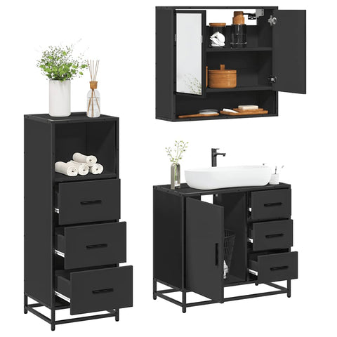 ZNTS 3 Piece Bathroom Furniture Set Black Engineered Wood 3301045
