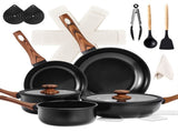 17-Piece Aluminum Cookware Set, Black Non-Stick Pots and Pans Set with Assembled Handles - 5 Pots & 41206617
