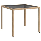 316703 Garden Table 90x90x75 cm Tempered Glass and Poly Rattan Beige