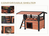 Cat House Outdoor w/ Balcony Stairs Roof, 77 x 50 x 73 cm, Brown T3398P349840