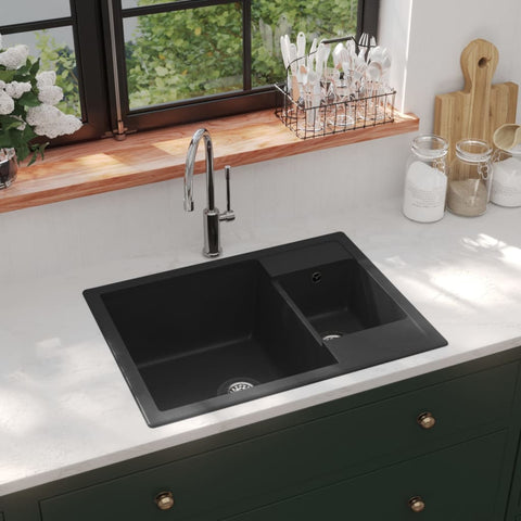 ZNTS Kitchen Sink with Overflow Hole Double Basins Black Granite 147085
