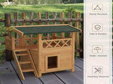 Cat House Outdoor w/ Balcony Stairs Roof, 77 x 50 x 73 cm, Natural Wood Finish T3398P349841