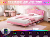3ft Single Upholstered Bed with LED Adjustable Crown Shape Headboard, PU Leather Bed Frame with N652P265845P