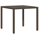 Garden Table with Glass Top Brown 90x90x75 cm Poly Rattan 365528