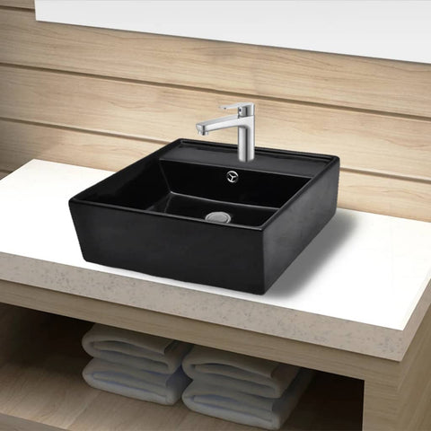 ZNTS Ceramic Bathroom Sink Basin Faucet /Overflow Hole Black Square 141922