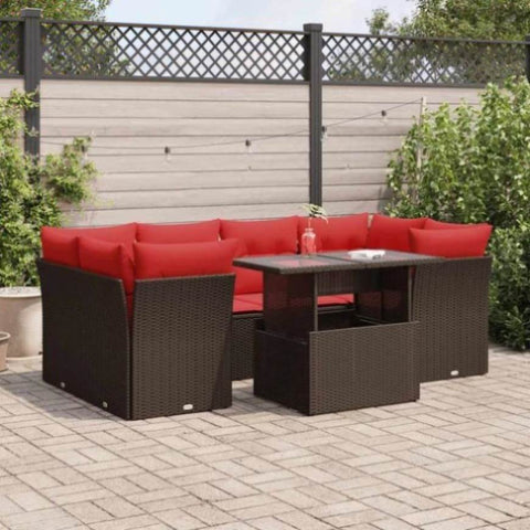 7 Piece Garden Sofa Set with Cushions Brown Poly Rattan Acacia 3326115