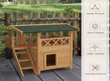 Cat House Outdoor w/ Balcony Stairs Roof, 77 x 50 x 73 cm, Natural Wood Finish T3398P349841