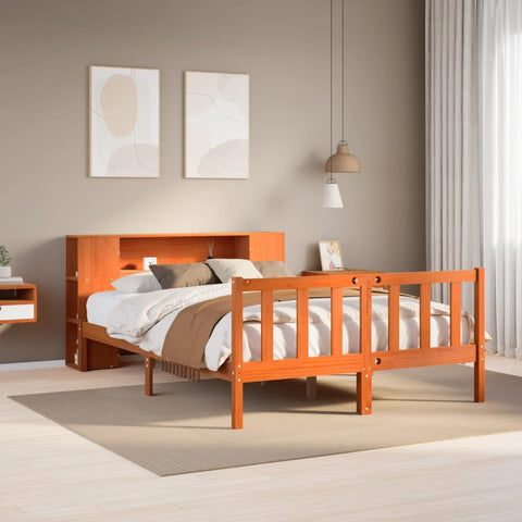 ZNTS Bookcase Bed without Mattress Wax Brown 135x190 cm Double Solid Wood Pine 3321668