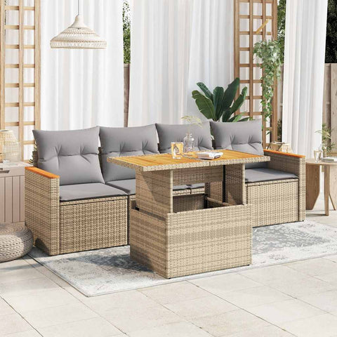 ZNTS 5 Piece Garden Sofa Set with Cushions Beige Poly Rattan Acacia 3327433