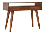 Solid Wood Curved Chestnut Console Table, 2 Drawers, 1 Open Slot, Dark Brown B2743P403023