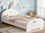 3ft Single Rabbit-Shaped Upholstered Bed Frame, Bunny Ear Headboard & Footboard Storage Pocket, Soft N652P412013W