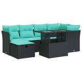 7 Piece Garden Sofa Set with Cushions Black Poly Rattan Acacia 3327777