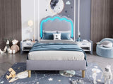 Upholstered Bed, 3ft 90x190cm Single Bed with LED, Bed Frame with Wooden Slats and Adjustable Height N601P288476G