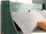 Double Bed Velvet Dark Green 4FT6 Upholstered Bed with Winged Headboard, Wood Slat Support WF284398AAA