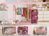 Kids Clothes Rail with Storage Shelf, Boxes, Mirror for Bedroom, Nursery, Pink T3398P347990