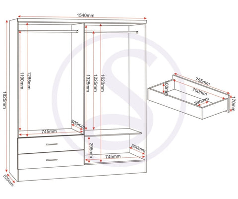 ZNTS Nevada 4 Door 2 Drawer Mirrored Wardrobe 100-101-117