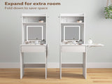 Small Vanity Desk with Mirror LED Lights, Compact Dressing Table with Drop Leaf, Open Shelves T3398P378102