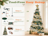 6FT Green Telescopic Christmas Tree with Gold Ribbon, Gold & Silver Ornaments, Bead Chain, PVC, 150 80910638
