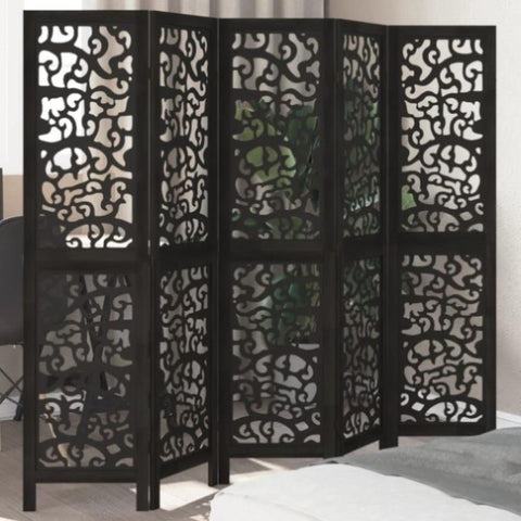 Room Divider 5 Panels Black Solid Wood Paulownia 358757