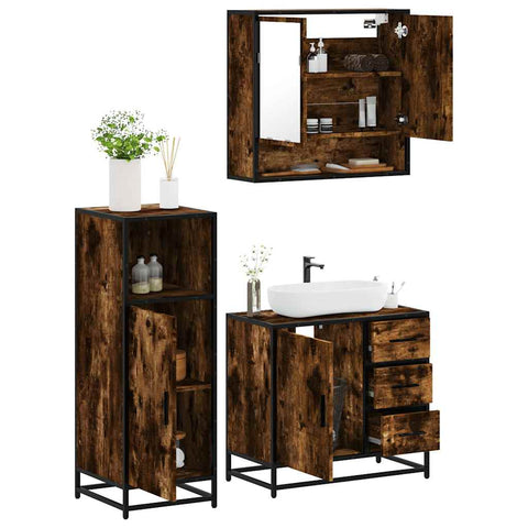 ZNTS 3 Piece Bathroom Furniture Set Smoked Oak Engineered Wood 3300987