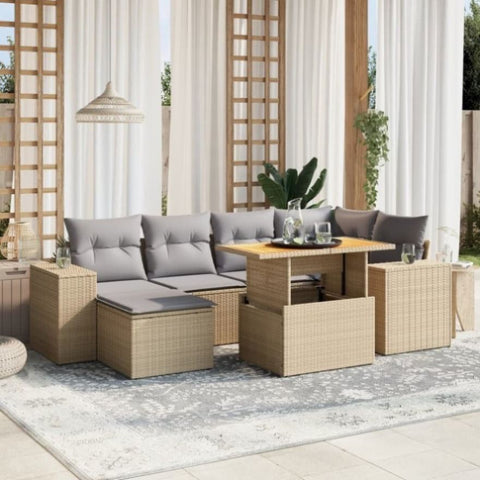 ZNTS 7 Piece Garden Sofa Set with Cushions Beige Poly Rattan 3272739