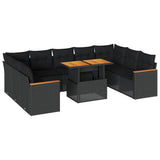 10 Piece Garden Sofa Set with Cushions Black Poly Rattan Acacia 3327527