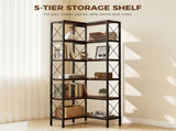 5-Tier L-Shaped Bookshelf, Freestanding Corner Bookcase with Metal Frame, Rustic Brown T3398P551606