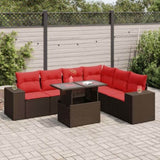 7 Piece Garden Sofa Set with Cushions Brown Poly Rattan Acacia 3326815