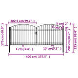 Fence Gate Double Door with Arched Top Steel 400x175 cm Black 143095